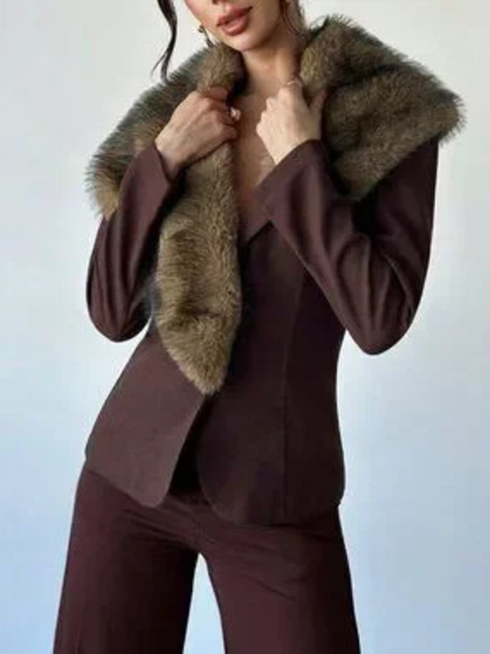 ZARA Brown Casual Women's Faux Fur Collar Waist Cinched Long blazer jacket